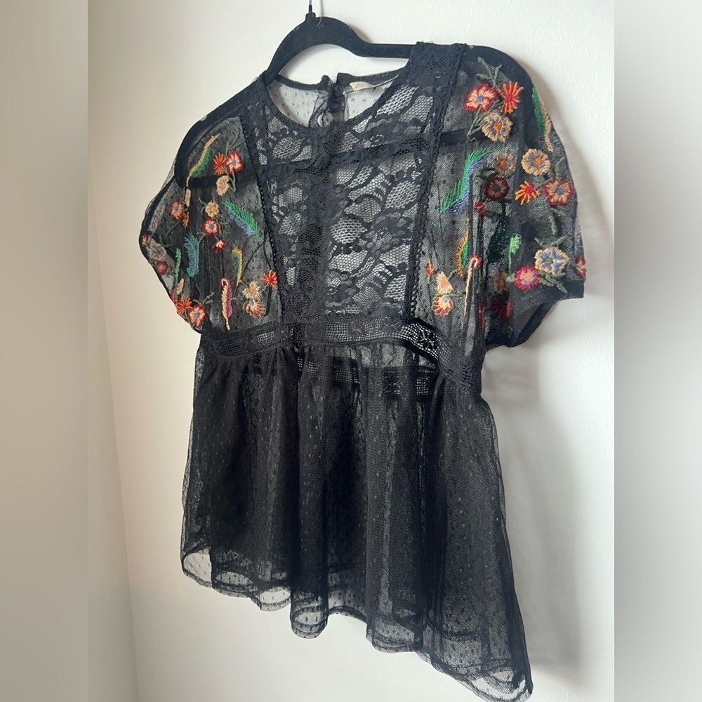 Zara Basic Collection Embroidered Floral Blouse Black Sheer XS - Picture 8 of 13